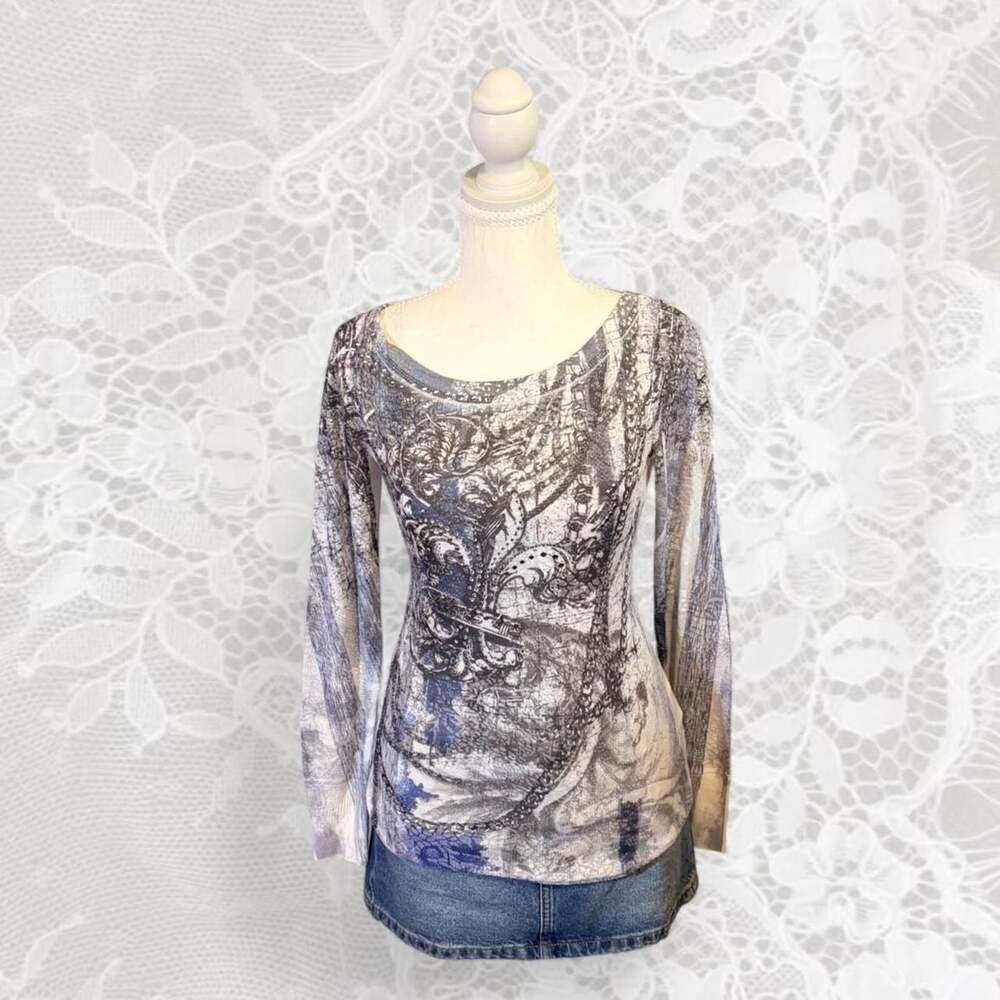 Caché Embellished Fleur-de-Lis Long Sleeve Top Medium